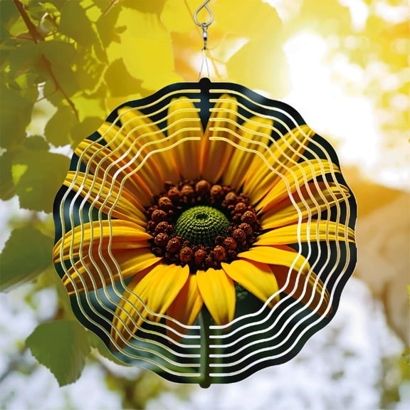 Vibrant Yellow Flower Metal Wind Spinner with Textured Green Center & Wave - Like White Lines - Perfect for Yard & Garden Decor