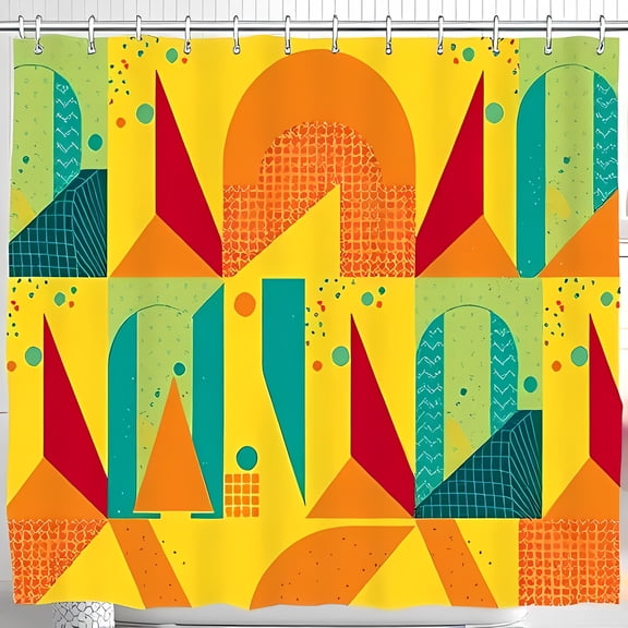Vibrant Yellow Geometric Shower Curtain with Bold Triangles & Textured Design - Modern Bathroom Decor
