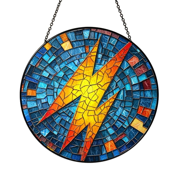Vibrant Yellow Lightning Bolt Stained Glass, Round Window Suncatcher, Teen Room Decor Gift