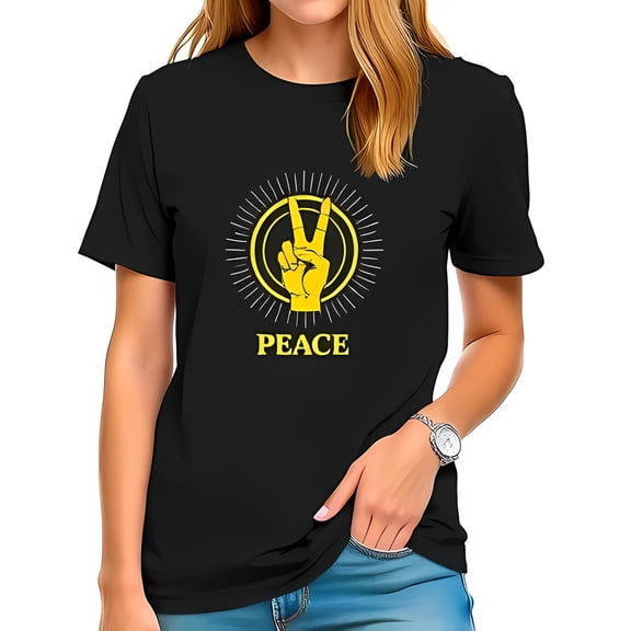 Vibrant Yellow Peace Sign Graphic T-Shirt for Women - Soft Relaxed Fit Tee with Design