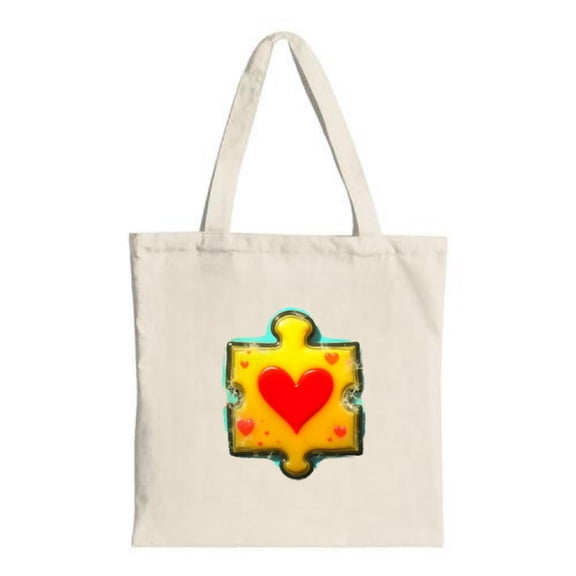 Vibrant Yellow Puzzle Piece Tote Bag with Red Heart Design Perfect for Shopping Travel and Parties - Stylish & Reusable