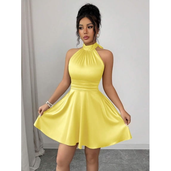 Vibrant Yellow Satin Halter Neck Backless Mini Dress With Flared Skirt For Parties And Formal Events