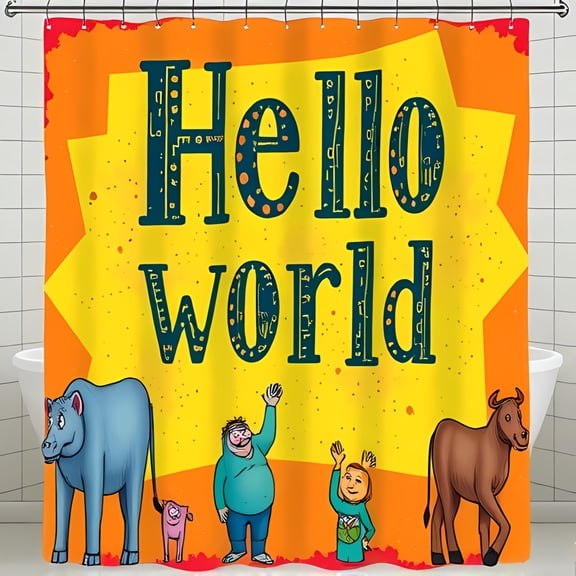 Vibrant Yellow Shower Curtain with 'Hello World' in Bold Patterns Whimsical Cartoon Characters Fun Bathroom Decor