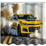 Vibrant Yellow Sports Car Spinning on Track Tire Smoke Artwork for Unique Bathroom Decor Shower Curtain with Racing Theme