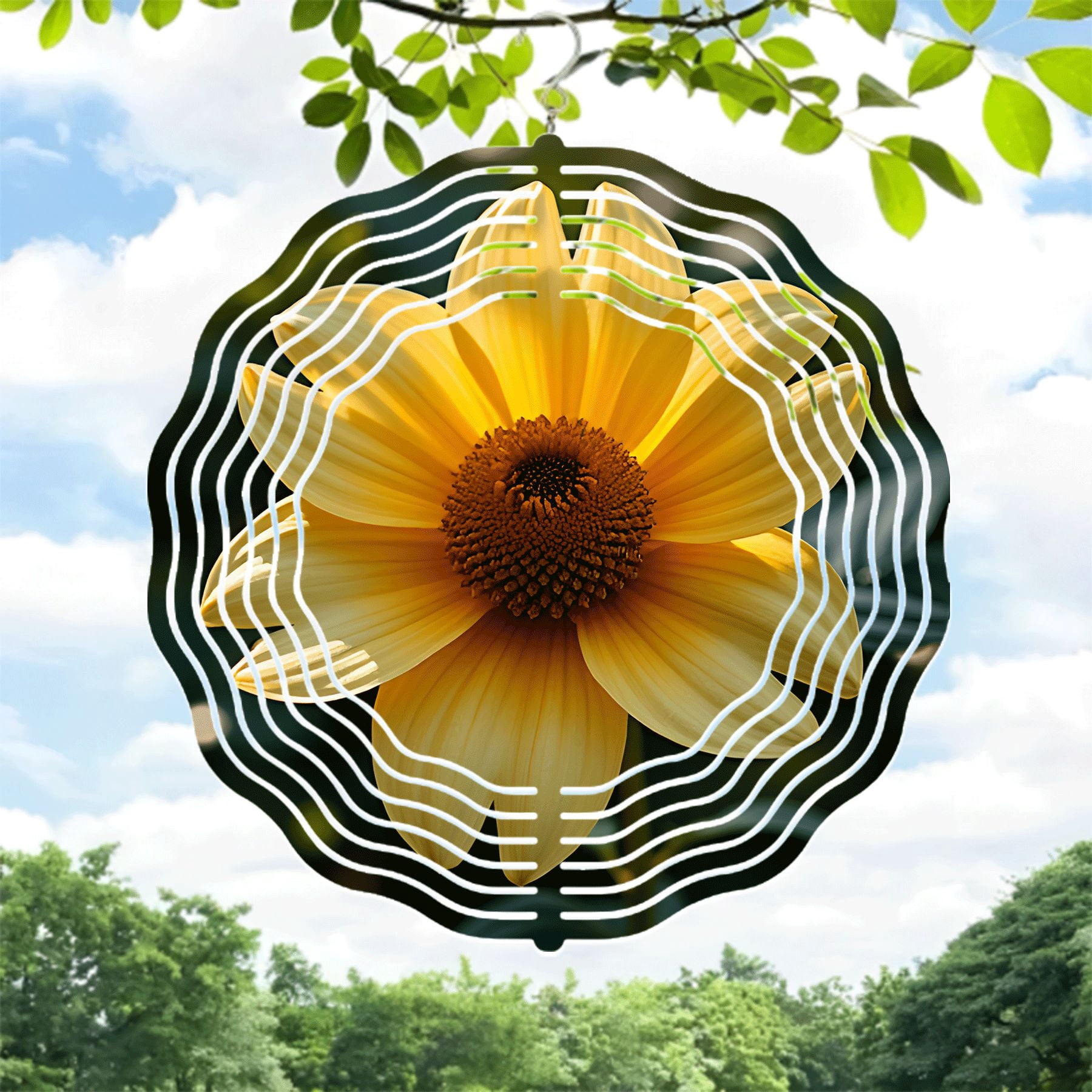 Vibrant Yellow Sunflower Metal Hanging Wind Spinner with Textured ...