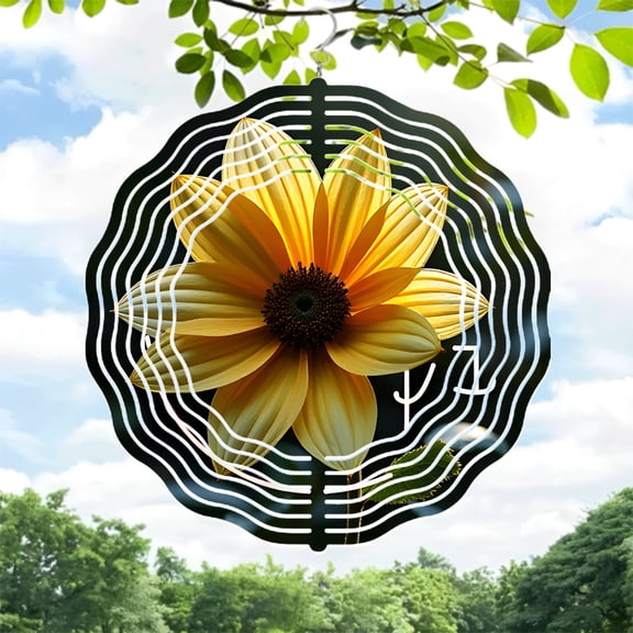 Vibrant Yellow Sunflower Metal Wind Spinner with Concentric White Lines - Beautiful Garden Decor for Yard and Outdoor Spaces