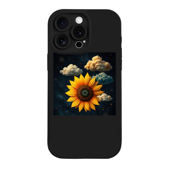 Vibrant Yellow Sunflower iPhone 15 Pro Case - Lightweight Yellowing Resistant Night Sky Design with Fluffy Clouds & Stars