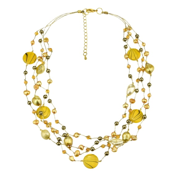 Vibrant Yellow Tones Pearl and Zebra Pattern Seashells Multi-Strand Necklace
