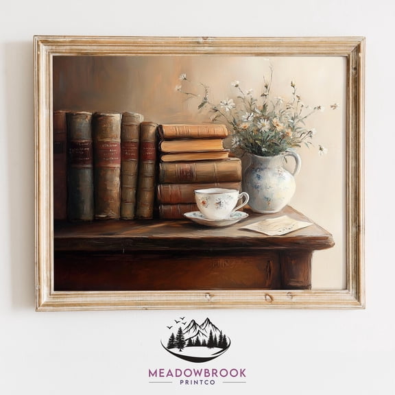 Vibrant Yellow Warbler Cozy Rustic Farmhouse Nature Art Old Library Table With Books Vintage Book Lover Art, UNFRAMED Size 16x16