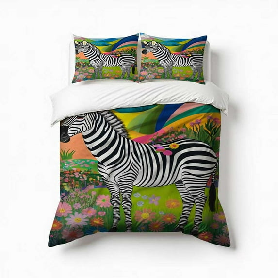 Vibrant Zebra Floral Art Bedding Set 3 Pcs Soft Microfiber Quilt Cover For Bedroom Decor, Comforter Cover With 2 Pillowcase