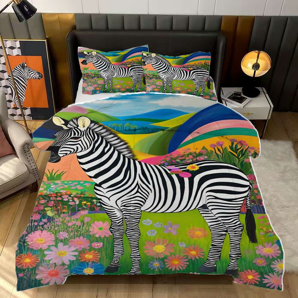 Vibrant Zebra Floral Art Comforter Set Queen Size Bedding Set For Travl ...