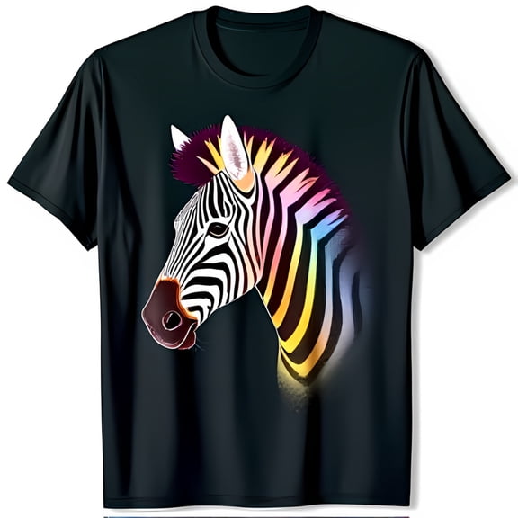 Vibrant Zebra Graphic on Black T-Shirt Unique Artistic Design
