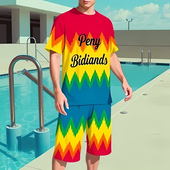 Vibrant Zig - Zag Pattern T-Shirt and Shorts Set - Multicolored Summer Outfit with 'Peny Bidians' Print