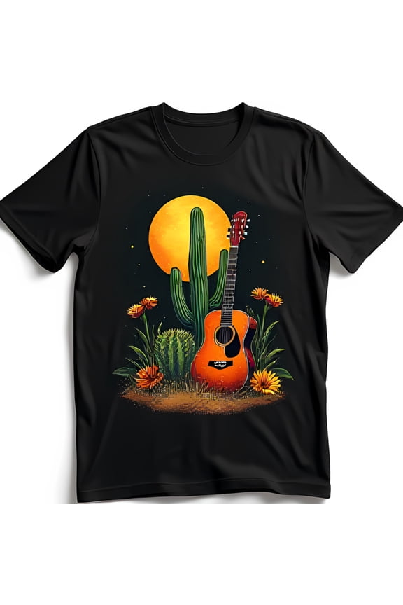 Vibrant and Cactus Sunset Graphic Black T-Shirt Southwestern Serenity