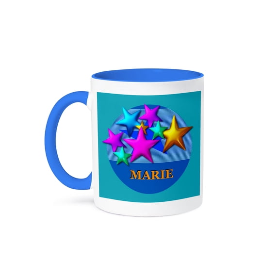 3dRose, Vibrant colored stars on a blue background personalized with the name MARIE, 11oz Two-Tone Blue Mug