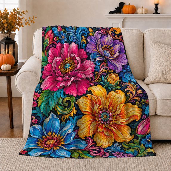 Vibrant decorative motif Floral, Festive autumn celebration Scene, Warm Flannel Blanket for Living Room and Family Room with Detailed Artwork, Art Lovers autumn celebration Gift, Festive Home Decor