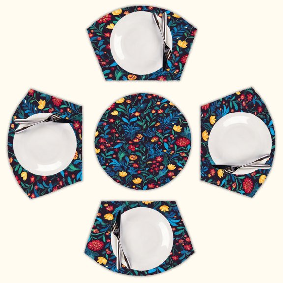 Vibrant floral dark background print Round Table Placemats Set Of 5 Wedge Table Mats Washable Heat Resistant Place Mat For Dining Table Kitchen Farmhouse Restaurant