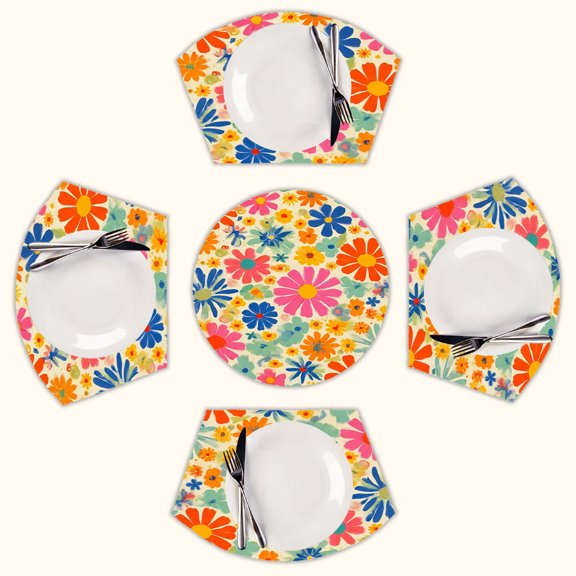 Vibrant floral framed artwork print Round Table Placemats Set Of 5 Wedge Table Mats Washable Heat Resistant Place Mat For Dining Table Kitchen Farmhouse Restaurant