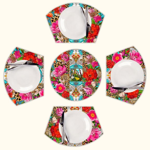Vibrant floral leopard print textile Round Table Placemats Set Of 5 Wedge Table Mats Washable Heat Resistant Place Mat For Dining Table Kitchen Farmhouse Restaurant