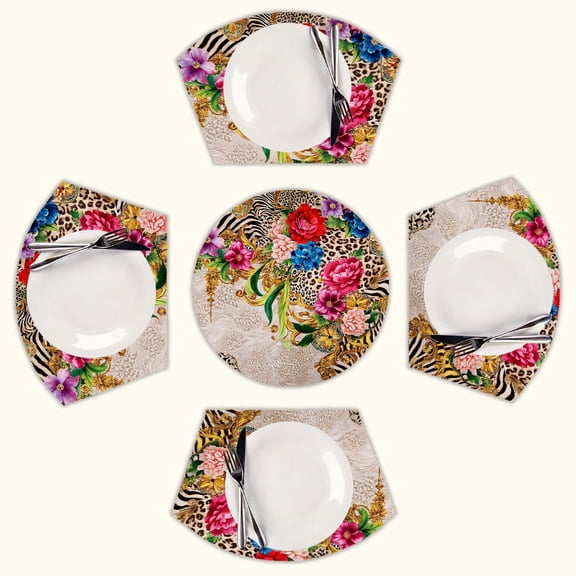 Vibrant floral leopard zebra print Round Table Placemats Set Of 5 Wedge Table Mats Washable Heat Resistant Place Mat For Dining Table Kitchen Farmhouse Restaurant