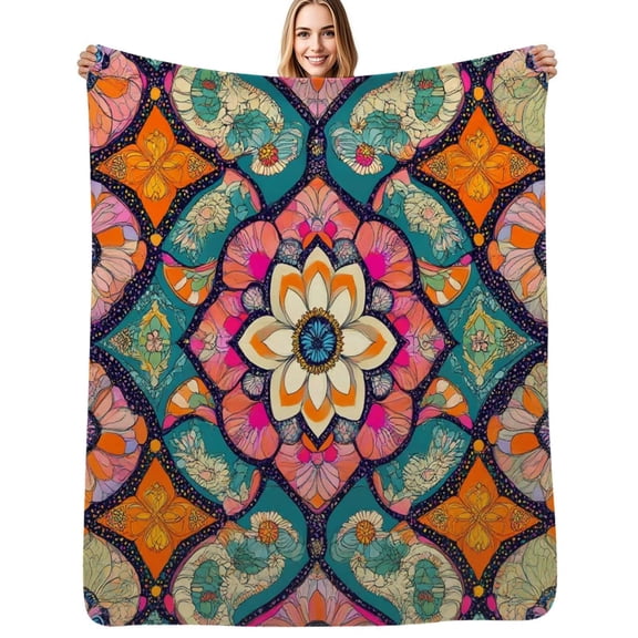 Vibrant floral mandala pattern Flannel Blankets Soft Throw Blanket Winter Travel Office Outdoor Bedspread