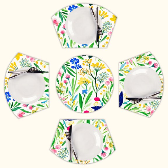Vibrant floral summer garden art Round Table Placemats Set Of 5 Wedge Table Mats Washable Heat Resistant Place Mat For Dining Table Kitchen Farmhouse Restaurant