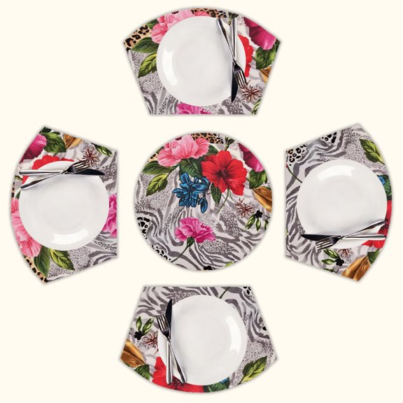 Vibrant floral zebra print fabric Round Table Placemats Set Of 5 Wedge Table Mats Washable Heat Resistant Place Mat For Dining Table Kitchen Farmhouse Restaurant