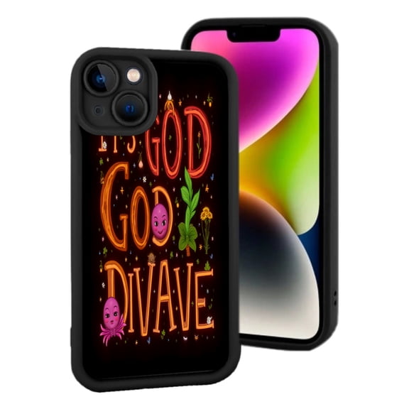 Vibrant iPhone 15 Case - " IT ' S GOD GOD DIVAVE " Bold Text with Whimsical Illustrations Lightweight & Yellowing Resistant