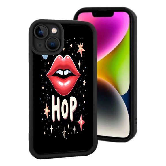 Vibrant iPhone 15 Case - Lightweight Yellowing Resistant Playful Red Mouth Design with Colorful Stars Bold ' HOP ' Text