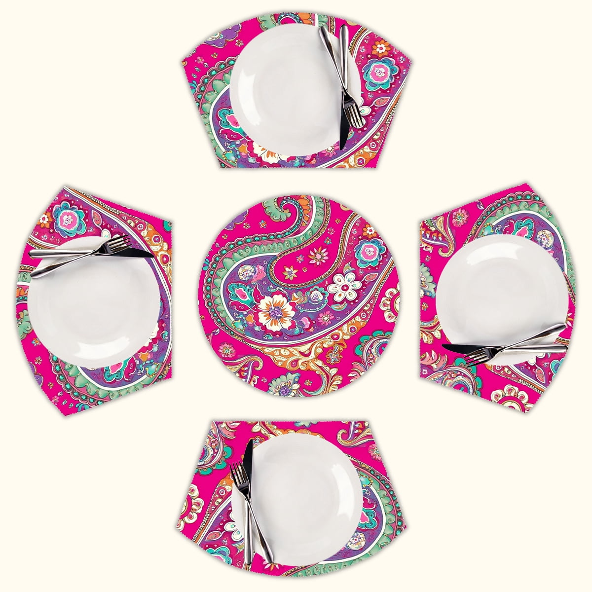 Vibrant pink paisley floral pattern Round Table Placemats Set Of 5 ...