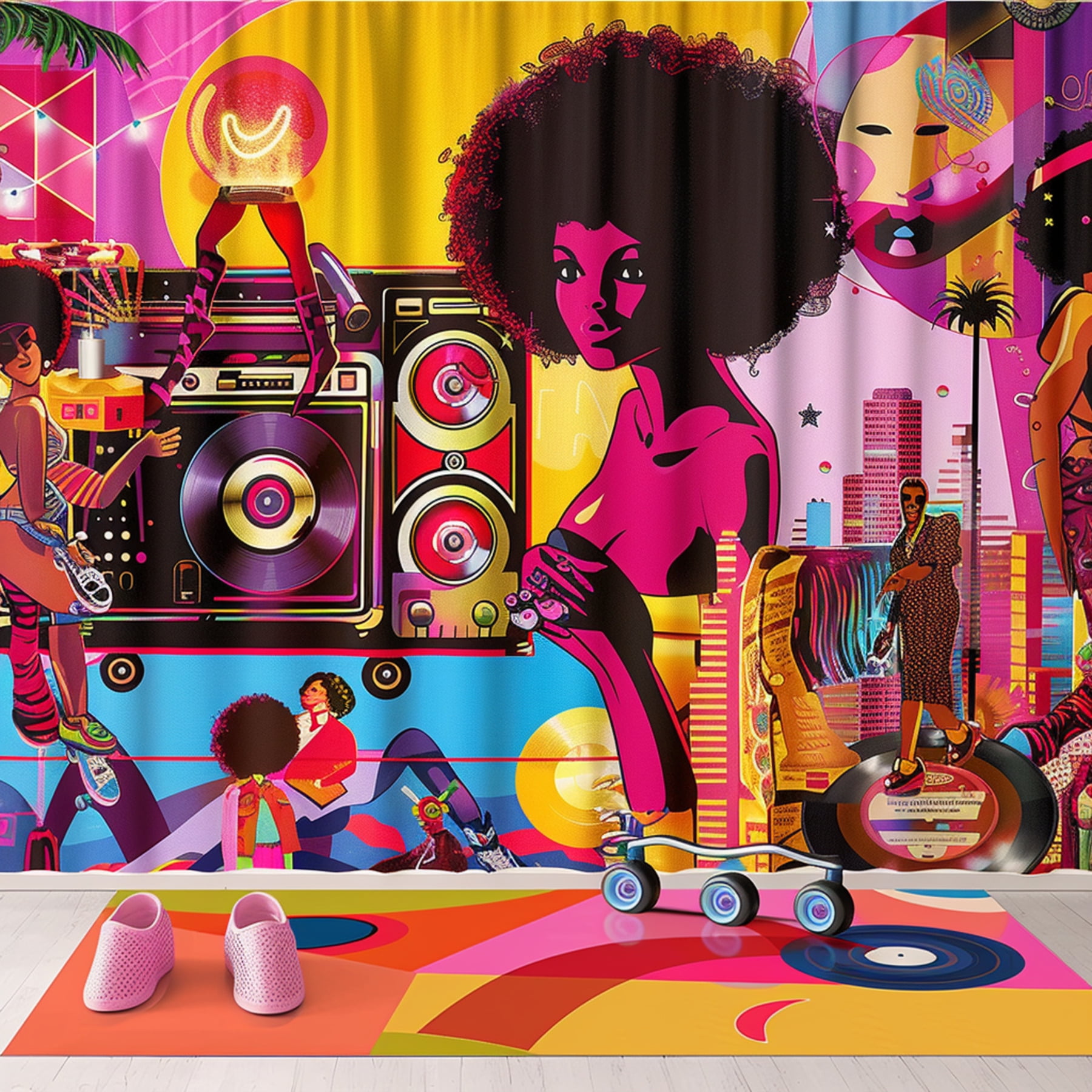 Vibrant retro disco scene shower curtain with pop art inspired designs