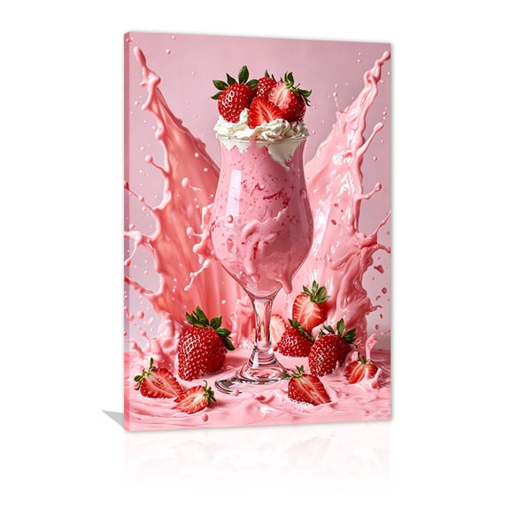 Vibrant strawberry milkshake canvas art, featuring a pink creamy drink paired with fresh strawberries and splatter patterns, suitable for decorative frames in kitchens, cafes, and dessert shops.