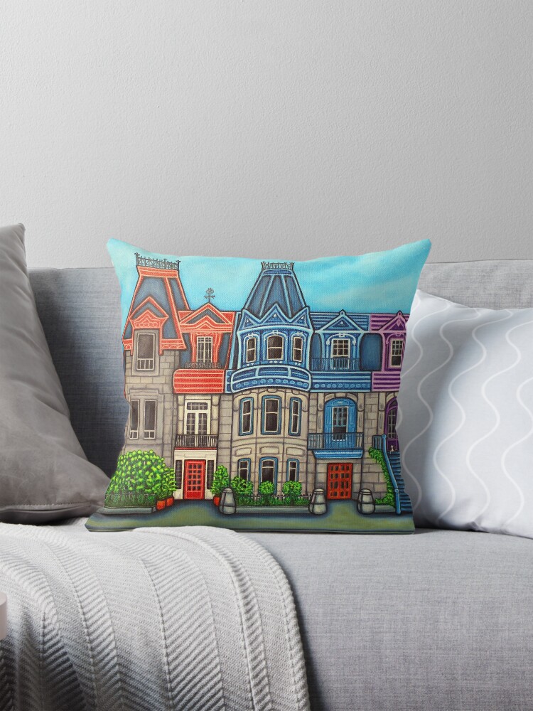 Vibrant, stylized painting of the colorful Victorian row houses on