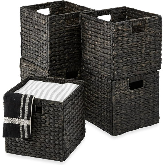 VibrantEcho 10.5x10.5in Hyacinth Baskets, Rustic Set Of 5 Multipurpose Collapsible Storage Organizer, Handwoven Laundry Totes for Bedroom, Living Room, Shelves - Black