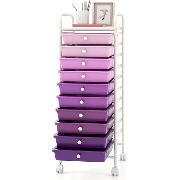 VibrantEcho 10-Drawer Rolling Storage Drawer Cart, Utility Cart with Removable Drawers & Metal Frame, Mobile Art Craft Drawer Cart with Lockable Wheels for Home, Office, Studio, Purple Gradient