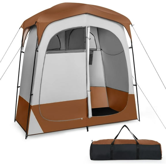 VibrantEcho 2 Room Shower Tent, Portable Camping Changing Tent with Floor Drain,Detachable Rain Fly, Stakes & Ropes, UV Protection, Water Resistant Privacy Tent for Outdoor Toilet, Dressing (Coffe)