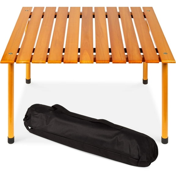 VibrantEcho 28x28in Foldable Indoor Outdoor All-Purpose Portable Wooden Table for Picnics, Camping, Beach, Tailgating, Patio, Kitchen, Living Room w/Carrying Case - Brown