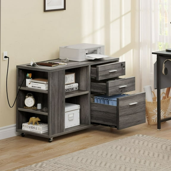 VibrantEcho 3-Drawer File Cabinet, Gray Office Organizer with Charging Station