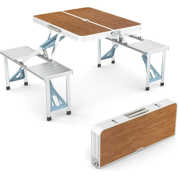 VibrantEcho 4 Ft Camping Picnic Table Set with 4 Seats with Umbrella Hole Folding Lightweight Suitcase Card Table-220 Lbs Support Aluminum Frame, Plastic RV Tabletop for Barbecue,Travel,Outing