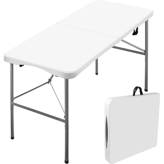 VibrantEcho 4 ft Portable Folding Table, Idustrial Heavy-Duty Foldable Table with Carrying Handle, Locks, Stright Legs for Indoor & Outdoor Party, Barbeque, Camping, Board Games - White