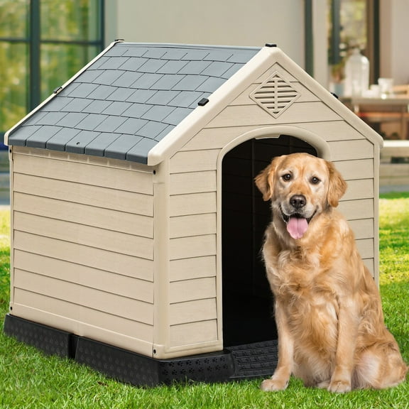 VibrantEcho 41'' Large Plastic Dog House, Outdoor Indoor Waterproof Puppy Shelter
