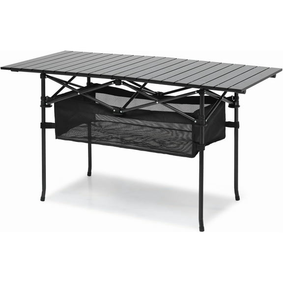 VibrantEcho 47" Folding Camping Table with Large Storage Basket & with Carry Bag, Aluminum Picnic Table for Indoor Outdoor Camping Backyard BBQ Use, Black