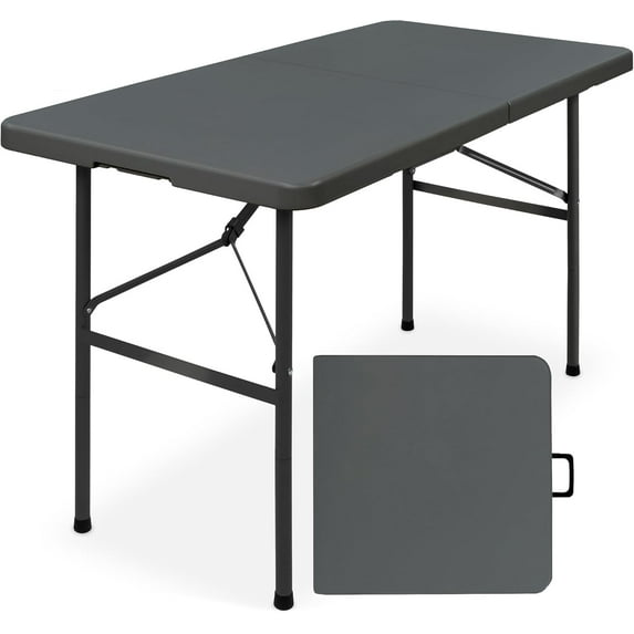 VibrantEcho 4ft Plastic Folding Table, Indoor Outdoor Heavy Duty Portable w/Handle, Lock for Picnic, Party, Camping - Dark Gray