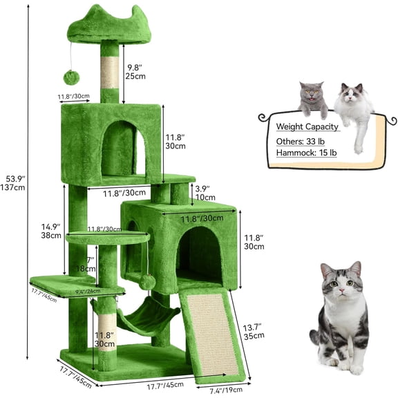 VibrantEcho 54in Tall Cat Tree Tower, Green Multi-Level Condo with Sisal Scratching Post