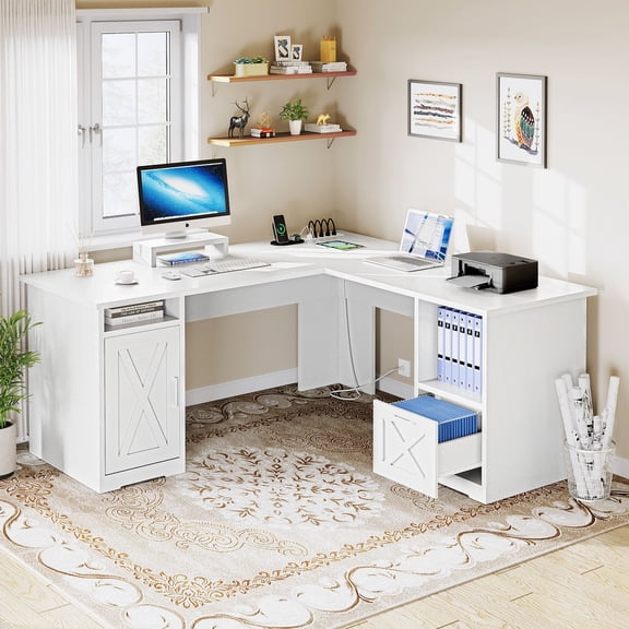 VibrantEcho 60 Inch L Shaped Desk, White Corner Computer Desk with Power Outlets & File Drawer