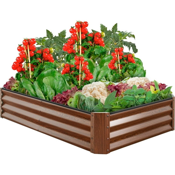 VibrantEcho 6x3x1ft Outdoor Metal Raised Garden Bed Box Vegetable Planter for Vegetables, Flowers, Herbs, and Succulents - Wood Grain