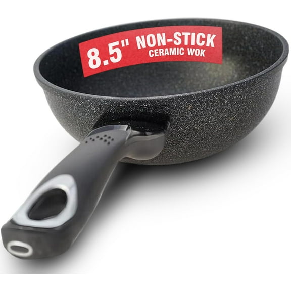 VibrantEcho 9-Layered Premium Marble Pan- Ceramic Marble Wok - Easy to Clean Korean Stone-Coated Nonstick, Induction Ready, Cast Aluminum Woks & Stir-Fry Pans - 8.5 inch