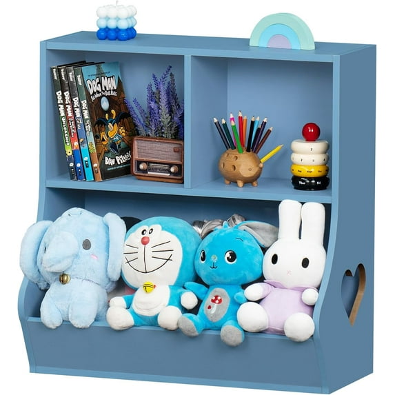 VibrantEcho Baby Toddler Bookshelf and Storage Organizer, Kids Cabinet and Bookcase, Wooden 3 Cubby Children Book Shelf for Playroom, Bedroom, Nursery, School 23.62'' H (Blue)