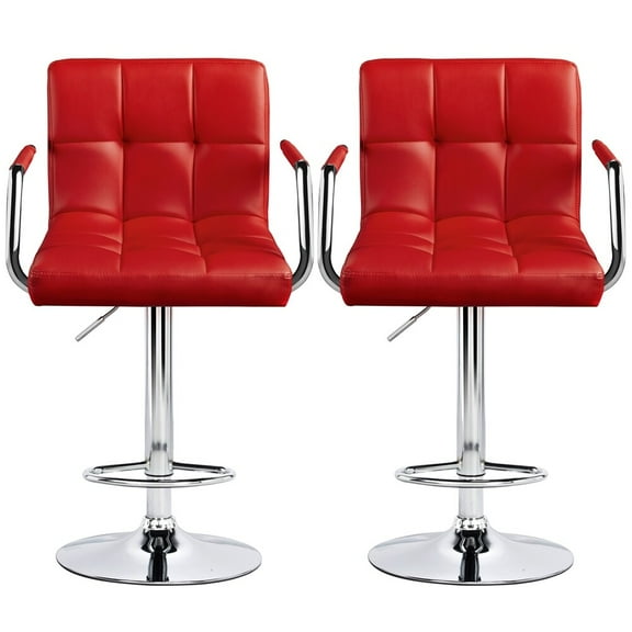 VibrantEcho Bar Stools Set of 2, PU Leather Adjustable Swivel Barstools, Hydraulic Kitchen Counter Height Bar Chairs with Armrest and Back for Kitchen, Dining Room,Red