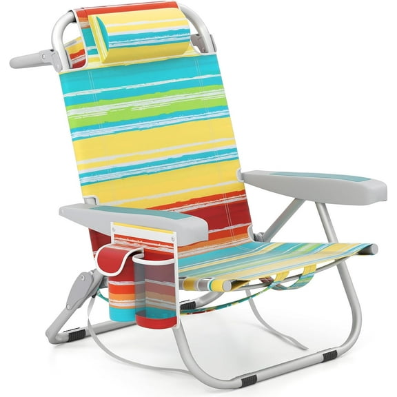 VibrantEcho Beach Chair, 330lbs Folding Backpack Chairs for Adults with 5-Position Backrest, Storage Pockets, Towel Bar & Headrest, Foldable Low Beach Lounge, Portable Aluminum Lay Flat Colourful